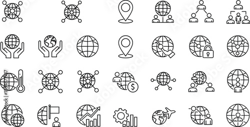 Global Networking Icon Set Featuring Communication Systems World Map Connections Social Media Links International Business Logistics Security Data Transfer and Internet Technology