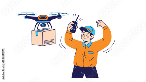 Excited Delivery Person Controlling Drone Carrying Package Future Logistics Concept