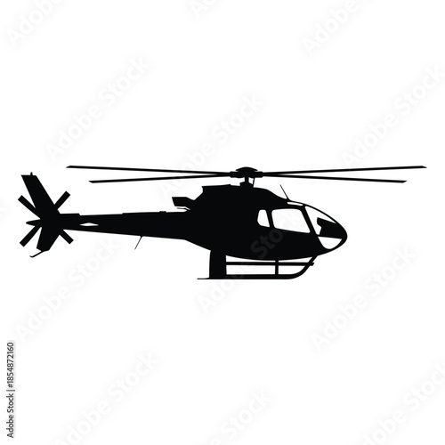A striking black helicopter profile is showcased in a bold dramatic silhouette