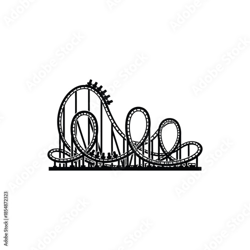 Intricate black and white illustration of a thrilling roller coaster ride a striking silhouette