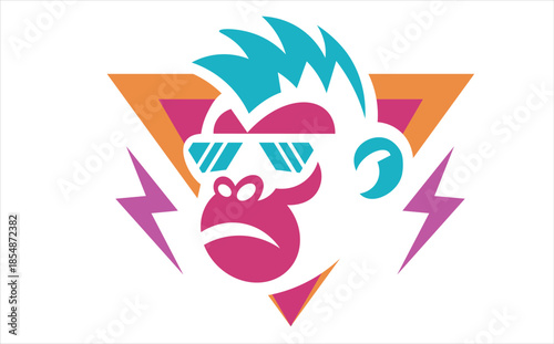 Neon Monkey Head in Retro 80s Style