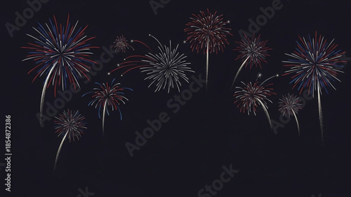 Vibrant fireworks exploding in the night sky with colorful bursts of red, white, and blue against a dark background