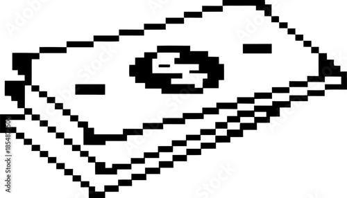 pixel art money stack icon retro digital banknote pile with dollar symbol, minimalist black and white financial illustration