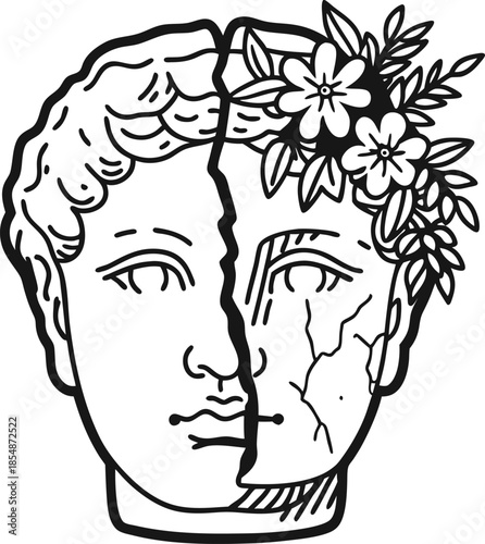 Cracked classical statue face with blooming flowers and leaves, contrasting broken ancient sculpture and delicate botanical growth