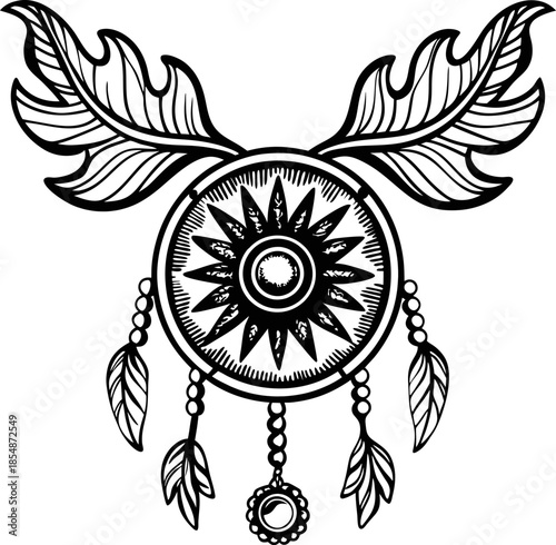Dreamcatcher mandala with sun symbol and feathers boho spiritual talisman with ornate tribal ornament and decorative leaves