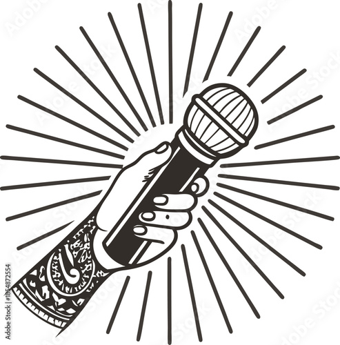Hand holding microphone with tattooed arm and radiant lines symbolizing music, performance, voice, creativity and expressive artistic energy