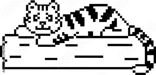Tiger resting on log in retro pixel art style, minimalist black and white 8 bit wildlife illustration, relaxed big cat character