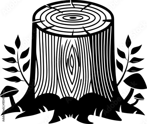 Tree stump with annual rings, forest foliage and mushrooms natural woodcut illustration of cut log, woodland growth and regeneration