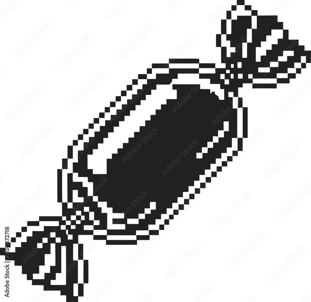Fototapeta premium Pixel art wrapped candy icon, retro monochrome sweet illustration with simple 8 bit confectionery design on transparent background