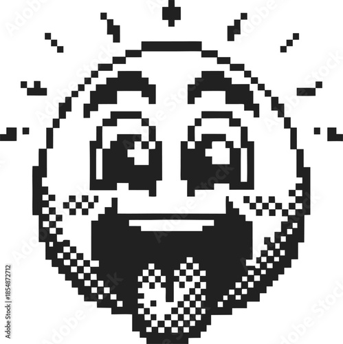 excited pixel emoji face with tongue out retro black and white 8 bit emoticon expressing joy, fun, playfulness and energetic mood