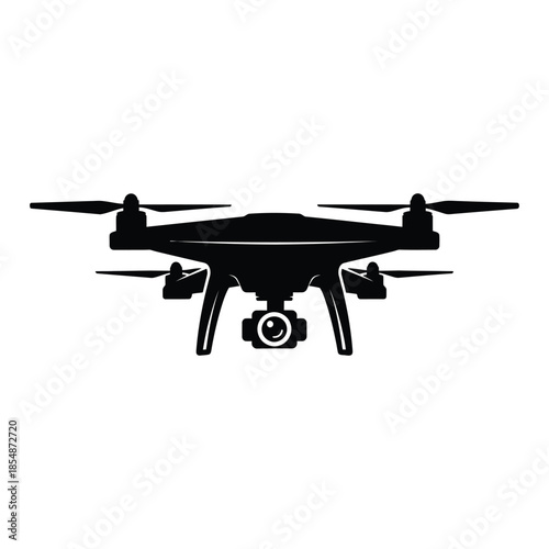 A black drone with four rotors and a camera displayed as a striking silhouette
