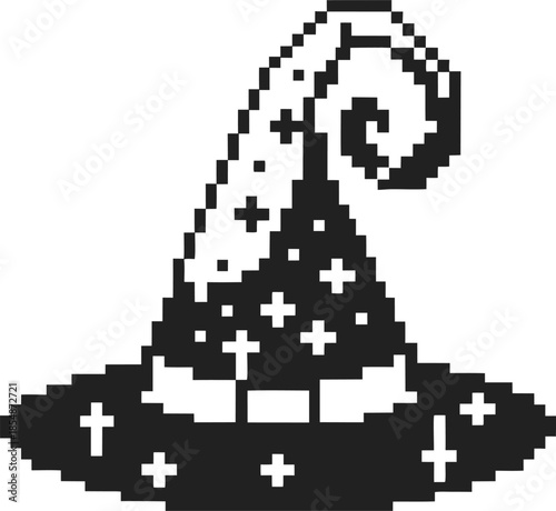 pixel art wizard hat with stars retro magic sorcerer cap icon in monochrome 8 bit on transparent background