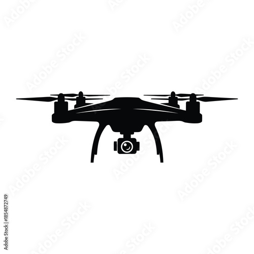 A black quadcopter drone with extended arms and a camera presented as a silhouette