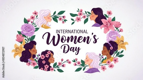 International Womens Day Celebration with Diverse Group of Women and Floral Wreath Design