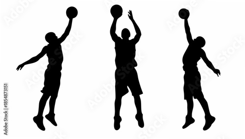 Dynamic basketball players in mid-air shooting hoops