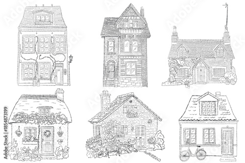 Hand drawn European houses collection in vintage architectural sketch style