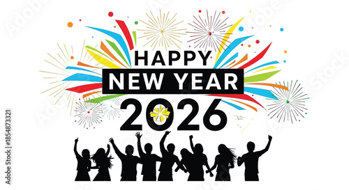 Celebratory fireworks illuminate a crowd welcoming the year 2026 with joyful enthusiasm and festive spirit