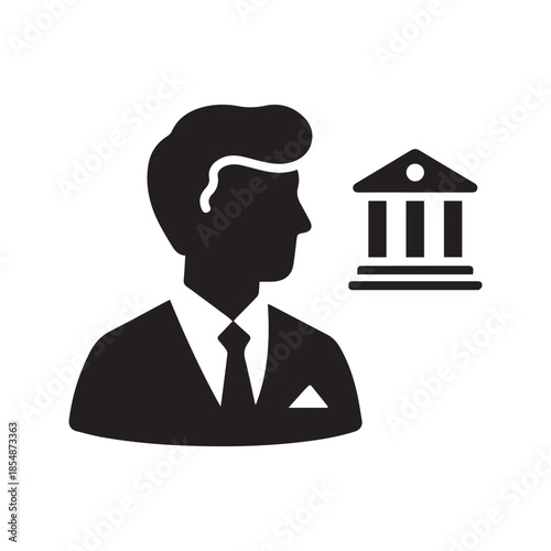 Businessman or banker icon with bank building institution symbol
