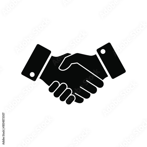 A simple graphic depiction of two hands clasped in a firm handshake silhouette