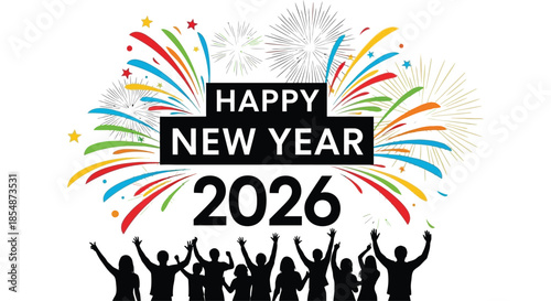 Celebrating the arrival of the year 2026 with vibrant fireworks and joyous silhouettes of people