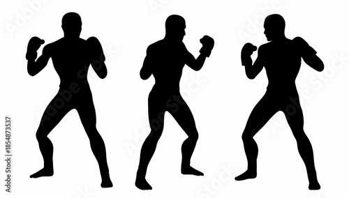 Three black silhouettes of boxers in fighting stances