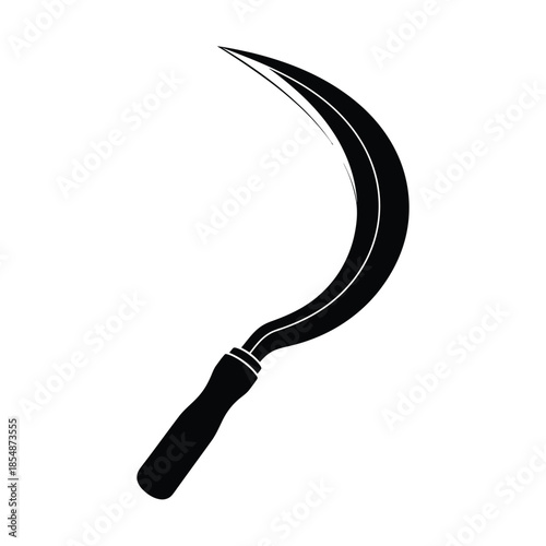 A stark black scythe tool design with a curved blade and wooden handle silhouette