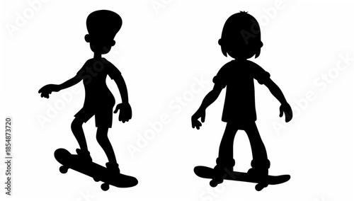 Two kids skateboarding in black silhouette on white background