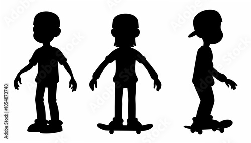 Silhouettes of kids skateboarding in different poses and styles