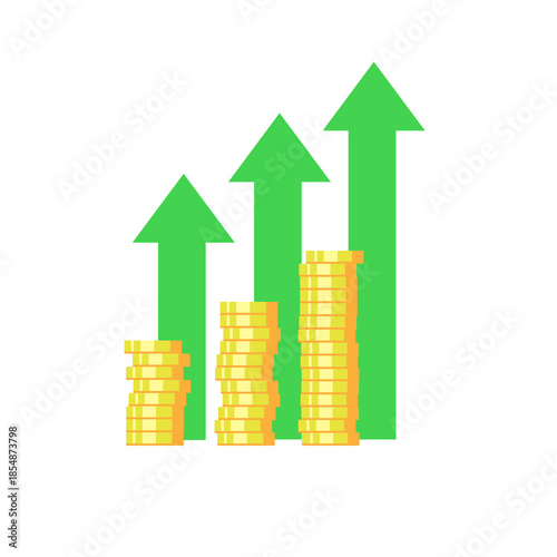 Stacks of golden coins and green arrow up.