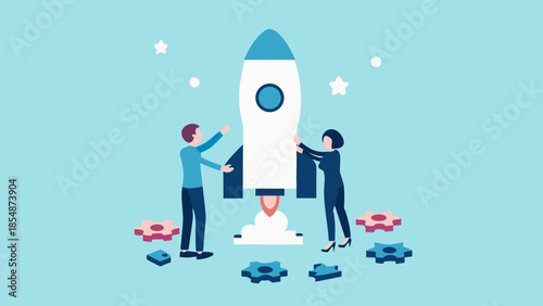 Flat geometric vector of entrepreneurs assembling a rocket for business launch and growth