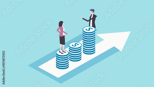 Businesspeople stacking coins on arrow pointing up, symbolizing financial growth and success
