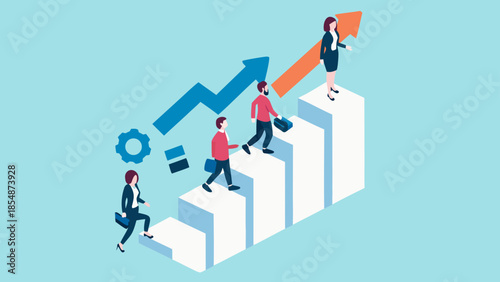 Diverse business professionals climbing up bar graph with arrows, symbolizing career growth