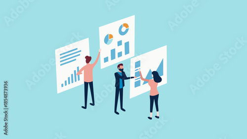 Flat vector illustration of people interacting with large graphs and charts on white boards