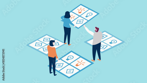 Flat vector illustration of three startup founders working together on a puzzle with business