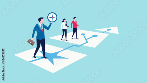 Business strategy leadership teamwork flat illustration with man leading two colleagues
