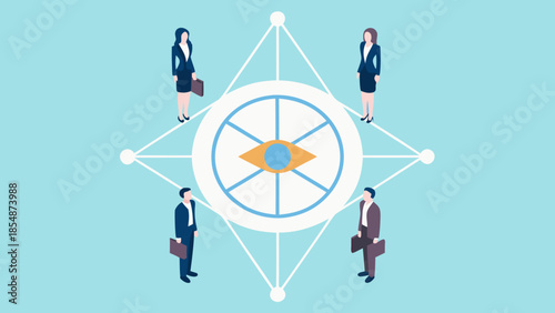 Flat vector illustration of four business professionals standing around a compass