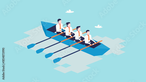 Flat vector illustration of four business professionals rowing a boat together in unison