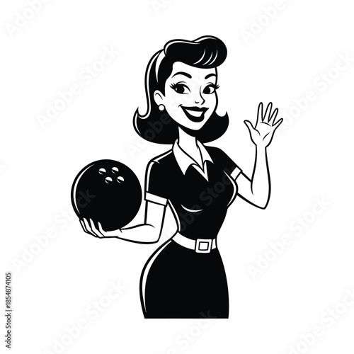 Retro style woman bowling with a ball classic vintage illustration in black and white silhouette