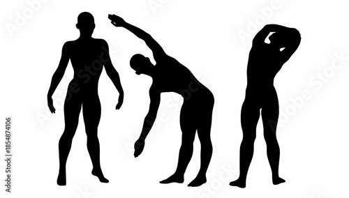 Black silhouettes of people in various poses on white background