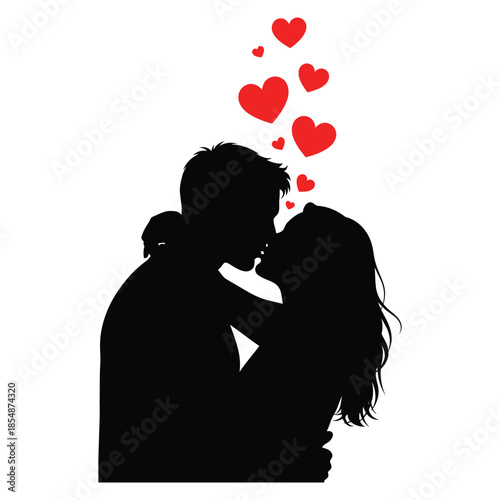 A couple embracing and kissing surrounded by floating red hearts a romantic silhouette