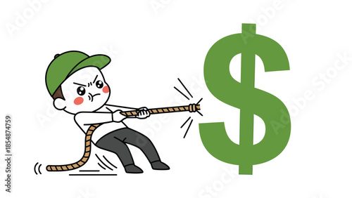 Determined Cartoon Boy Pulling Tug of War Rope Against Giant Green Dollar Sign Symbol Concept of Financial Struggle Effort and Earning Money