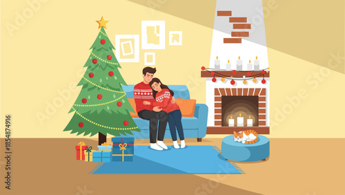 Cozy Christmas Eve at Home with Couple Cuddling on Sofa by a Decorated Tree and Fireplace