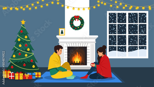 Romantic Couple Sitting by Fireplace Wrapped in Blankets During Snowy Christmas Night