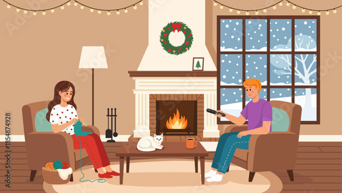 Relaxed Winter Evening at Home with a Couple Knitting and Watching Television by a Roaring Fireplace
