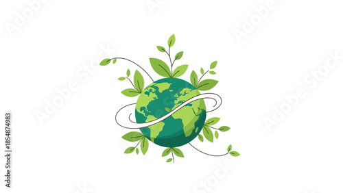Green earth with leaves and swirling ribbon symbolizing eco friendly practices