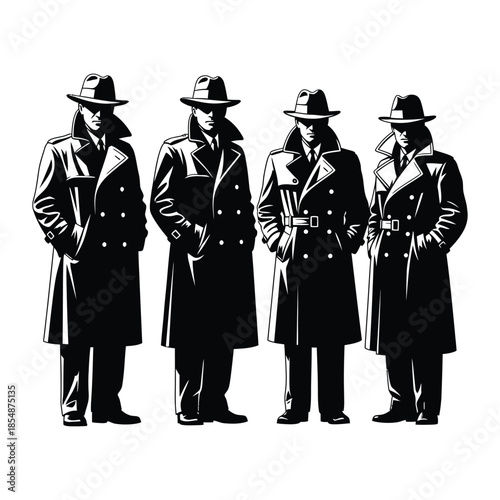 Four mysterious figures in trench coats and fedoras stand in a striking silhouette