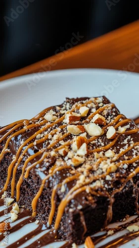 Wallpaper Mural Decadent chocolate brownie is beautifully garnished with caramel and nuts. This rich dessert sits on a white plate with chocolate drizzle. Torontodigital.ca