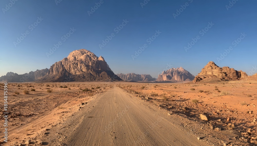 Naklejka premium A vast desert landscape, a dirt road stretching toward distant mountains under a clear blue sky