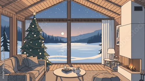 Cozy winter cabin interior with christmas tree, fireplace, and snowy landscape view through large window at dusk