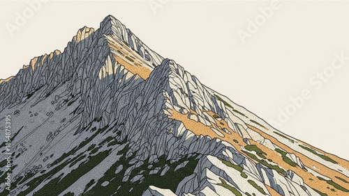 Snowy mountain peak with rugged terrain and warm sunlight on rocky slopes and snowy ridges in a landscape of natural beauty and adventure